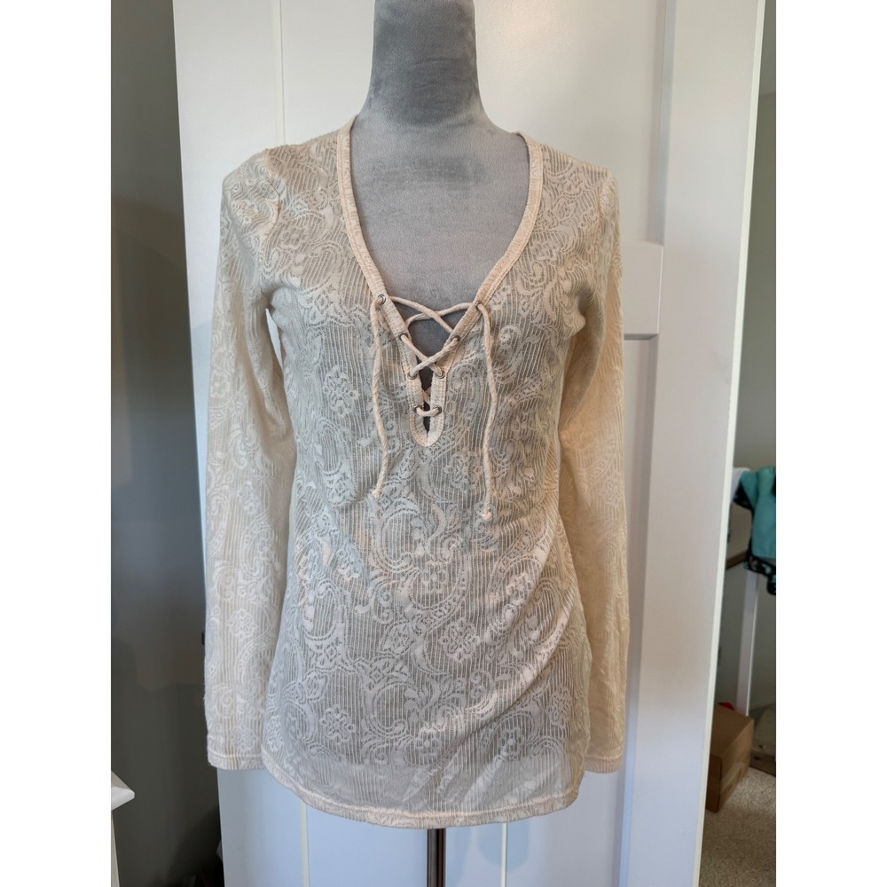 Boho Festival BKE Womens Cream Lace Up V-Neck Long Sleeve Burnout Lace Top